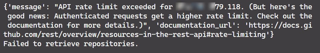 Python and APIs: screenshot of API rate limit exceeded error