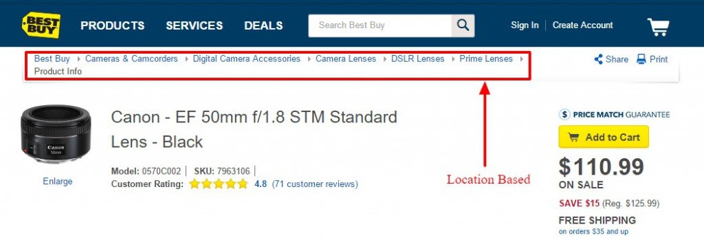 A screenshot of one of Best Buy's product pages that shows how the e-commerce brand uses location-based breadcrumbs.